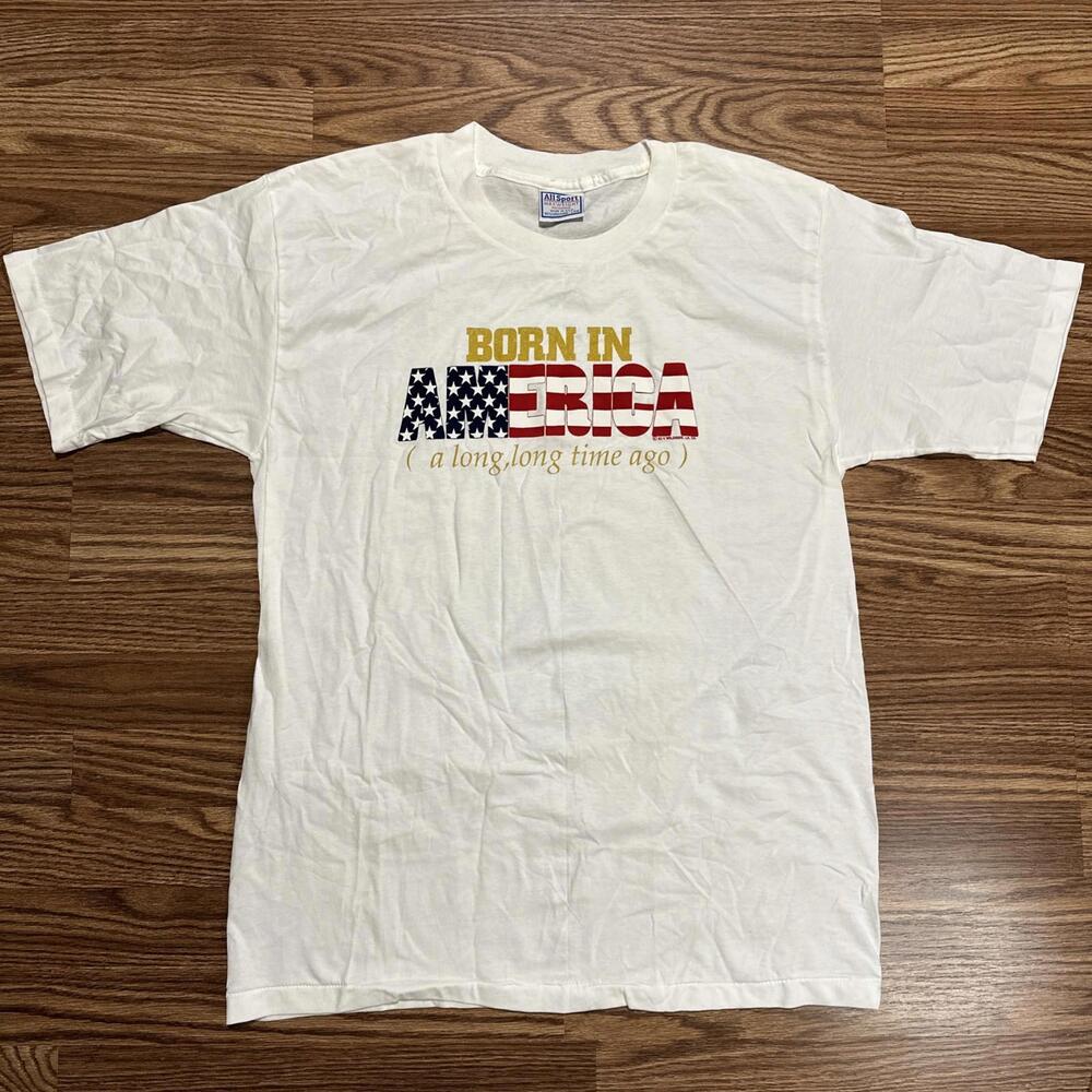 VTG 90s Born In America Single Stitch White T Shirt All Sport USA Made L Funny